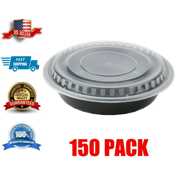 150 Case | 48 oz. | Container with Lid | Heavy Weight Black Round Microwavable