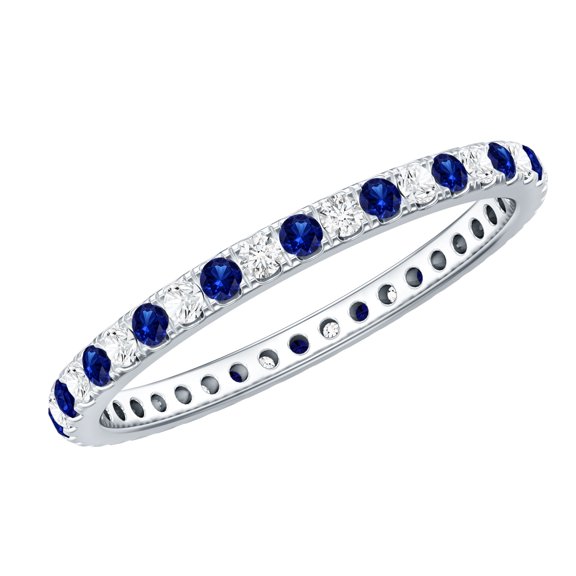Rosec Jewels Lab Created Blue Sapphire Eternity Ring with Diamond for Women (AAAA Quality), 925 Sterling Silver, US 4.00