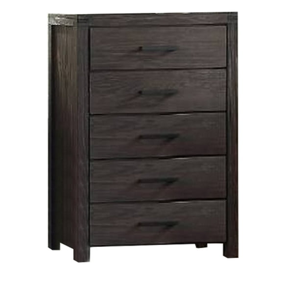 Wooden Chest with Metal Bar Handles and Five Drawers, Dark Brown