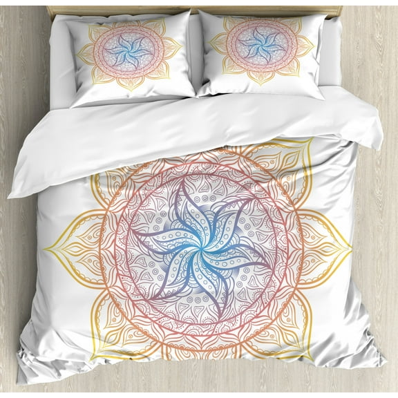 Rainbow Mandala Queen Size Duvet Cover Set, Blossoming Flower Design Middle Eastern Culture Ornament Asian Zen Elements, Decorative 3 Piece Bedding Set with 2 Pillow Shams, Multicolor, by Ambesonne