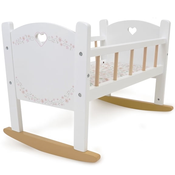 509 Crew: Little Flora - Wooden Doll Cradle - Flower-White-Pink, Doll Accessory, Smooth Rocking Motion, Mattress & Pillow, Pretend Play Toy, Kids 3