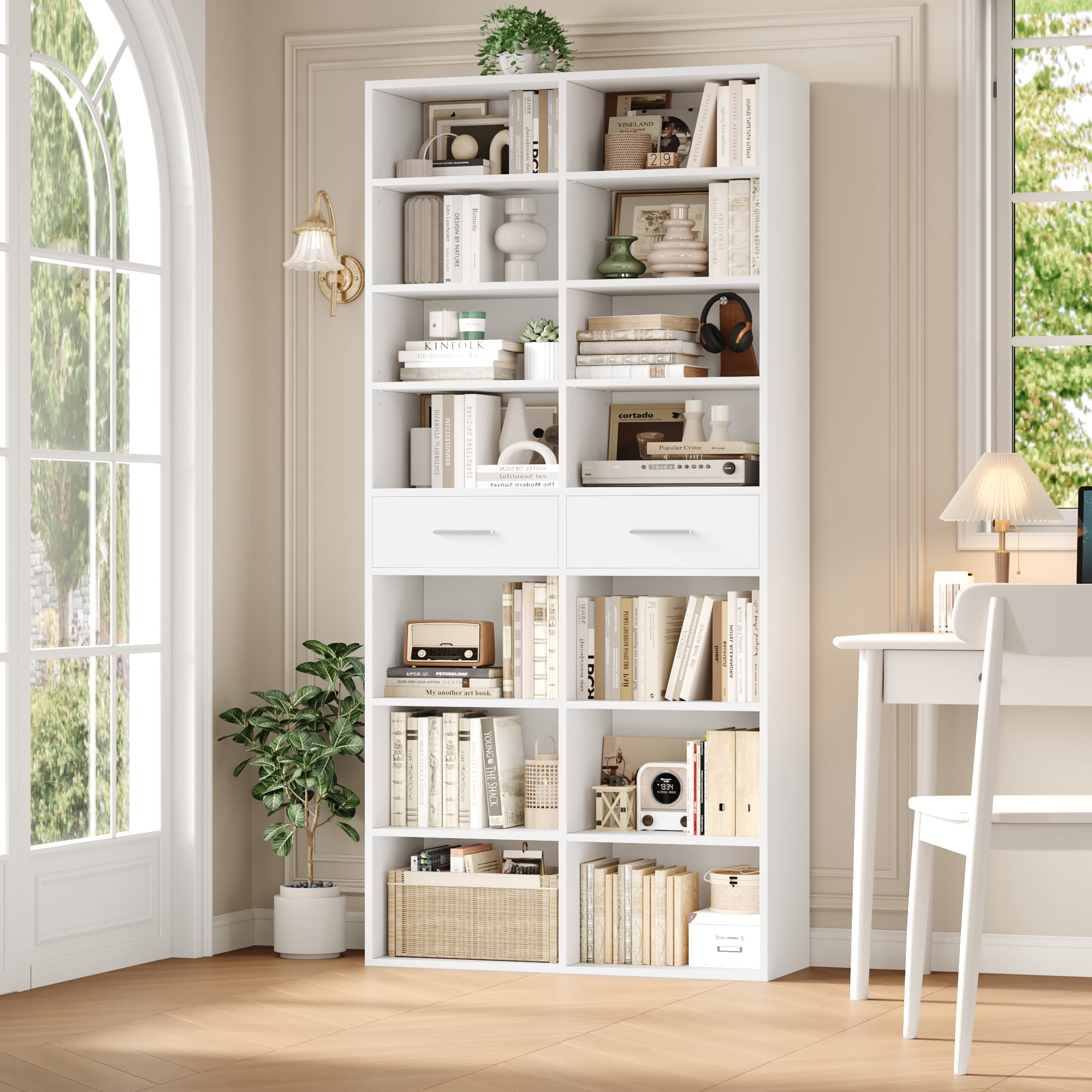 Homfa 7-Tier Bookcase with 2 Drawers, 72.8" H Double Wide Bookcase with 4 Adjustable Shelves for Study Office Living Room, White