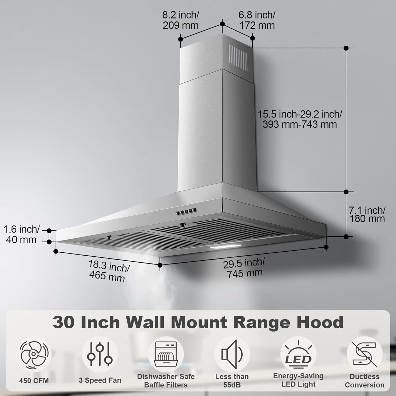 Joeaonz 30-Inch Wall Mount Range Hood, Stainless Steel, 450CFM, Ventless/Ducted, Ultra Quiet, LED Light, 3-Speed