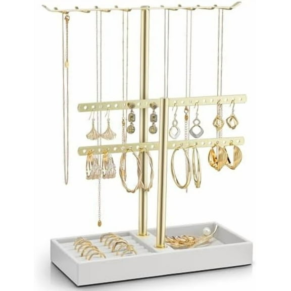 2 Tier Jewelry Stand Organizer with Tary, Leather Jewelry Holder Display for Women, Gold Jewlery Holder Stand for Necklace, Earring, Bracelet, Rings - White