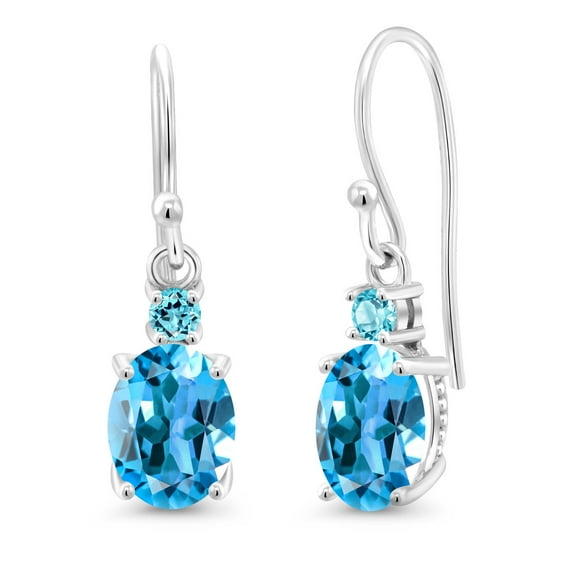 Gem Stone King 10K White Gold Swiss Blue Topaz and Swiss Blue Topaz Dangle Earrings for Women (2.76 Cttw, Gemstone Birthstone, Oval 8x6mm)