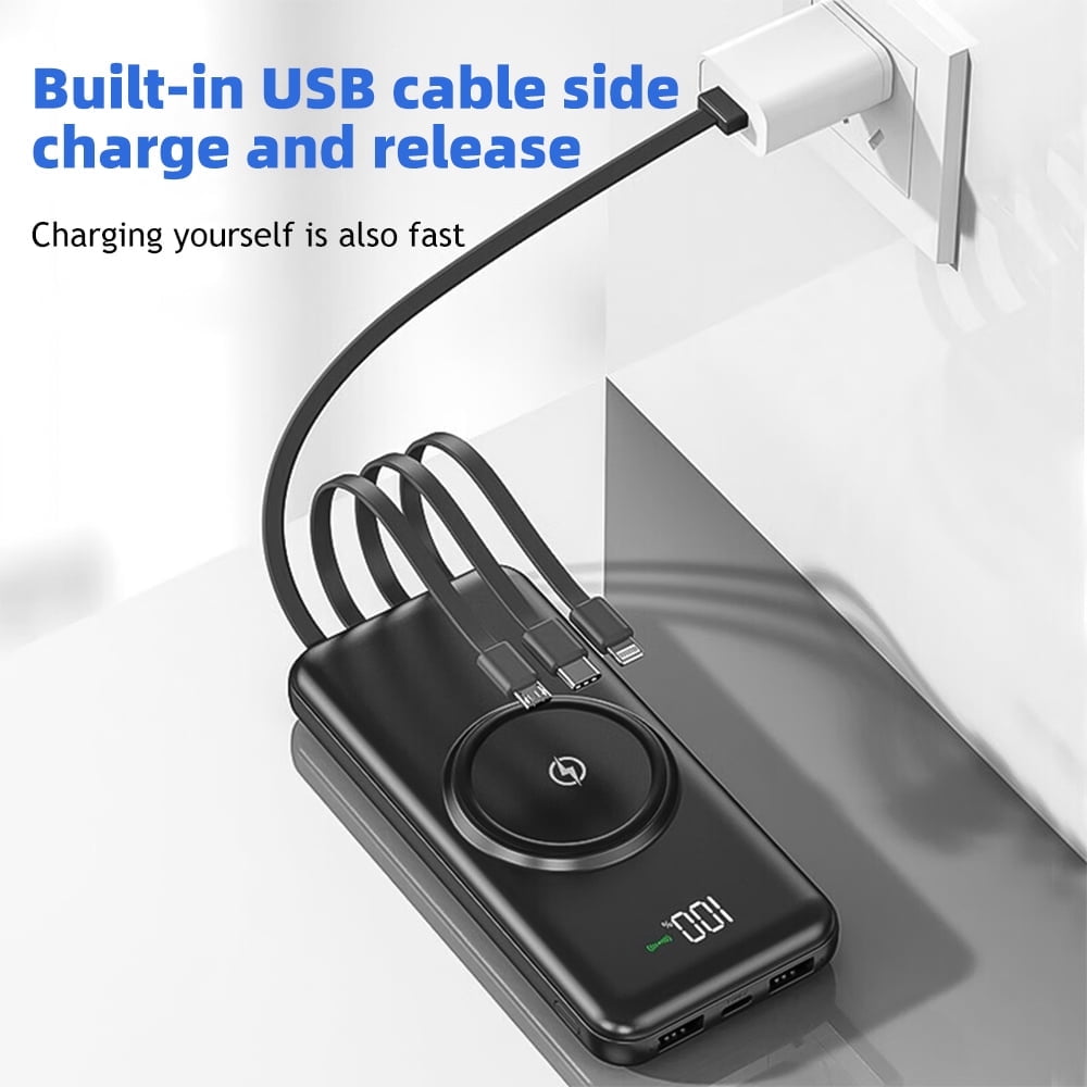 DFITO 10000mAh Wireless Power Bank with Built-in 4 Cables, 10W Fast Charging Portable Charger, Qi Wireless & USB-C Battery Pack