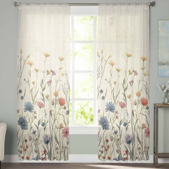 Sheer Curtains 84 inches Long, Floral Watercolor Leaves Colorful Daisy Linen Background Light Filtering Sheer Window Curtains Rod Pocket Voile Drapes for Bedroom Living Room, 52"W x 84"L 2 Panels