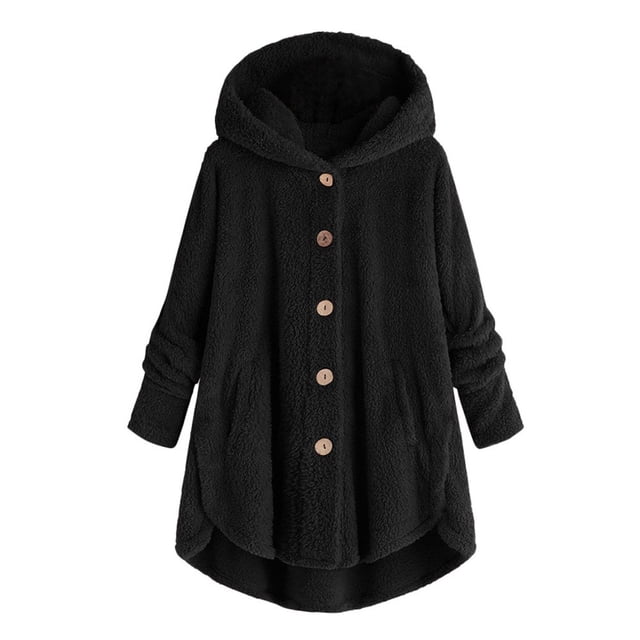 Womens Cardigan Plus Size Button Plush Tops Hooded Loose Cardigan Wool Coat Winter Jacket Navy Xl
