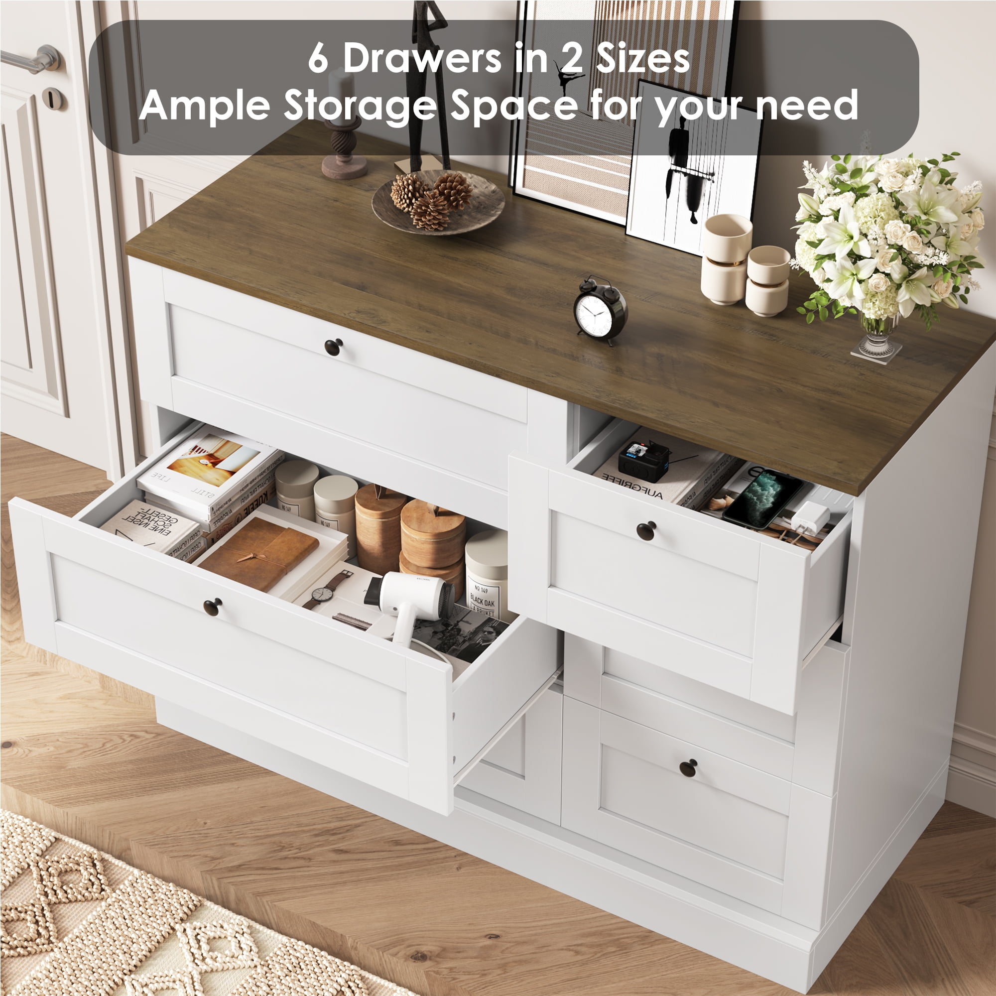 Homfa 6 Drawer White Dresser for Bedroom, Modern Wood Storage Cabinet Chest of Drawer for Living Room Entryway