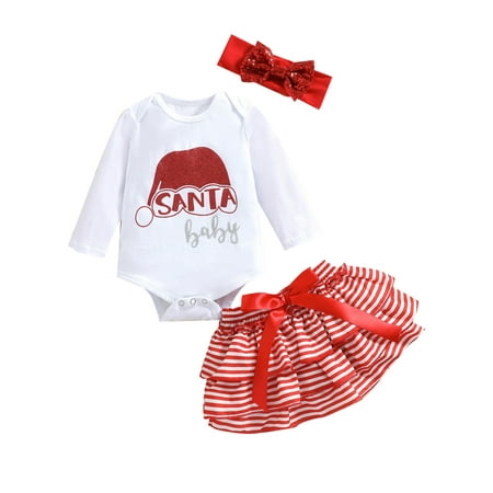 

BrilliantMe Kids Baby Girls Christmas Letter Romper and Stripe Short Skirt Headband Outfits Set Red 18-24 Months