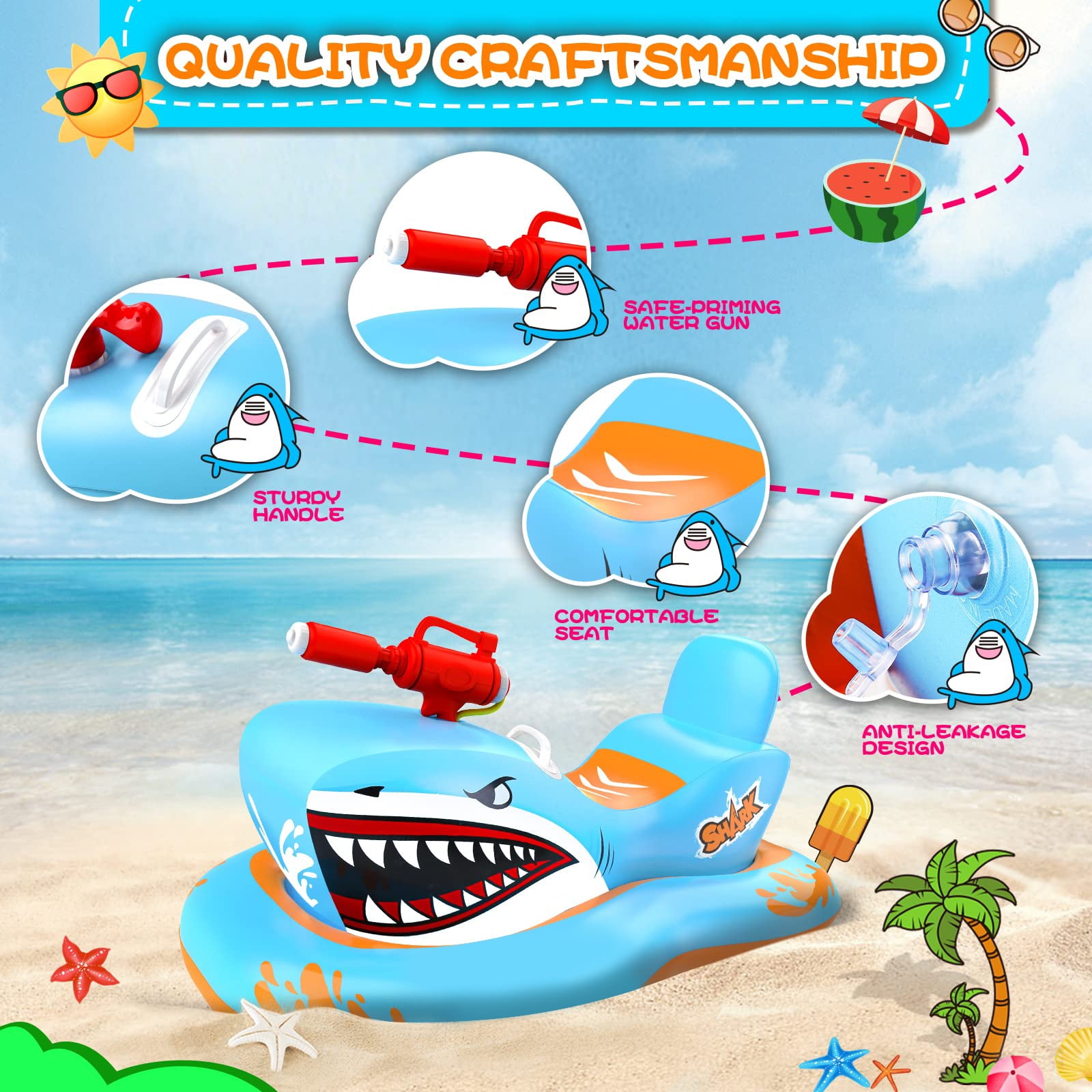 Pool Floats for Kids, Inflatables Shark Ride-on Water Toys with Watergun Swimming Game Boy Girl 3-12