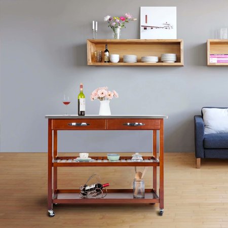 Kinbor 3 Tier Wood Rolling Kitchen Island Utility Kitchen Serving