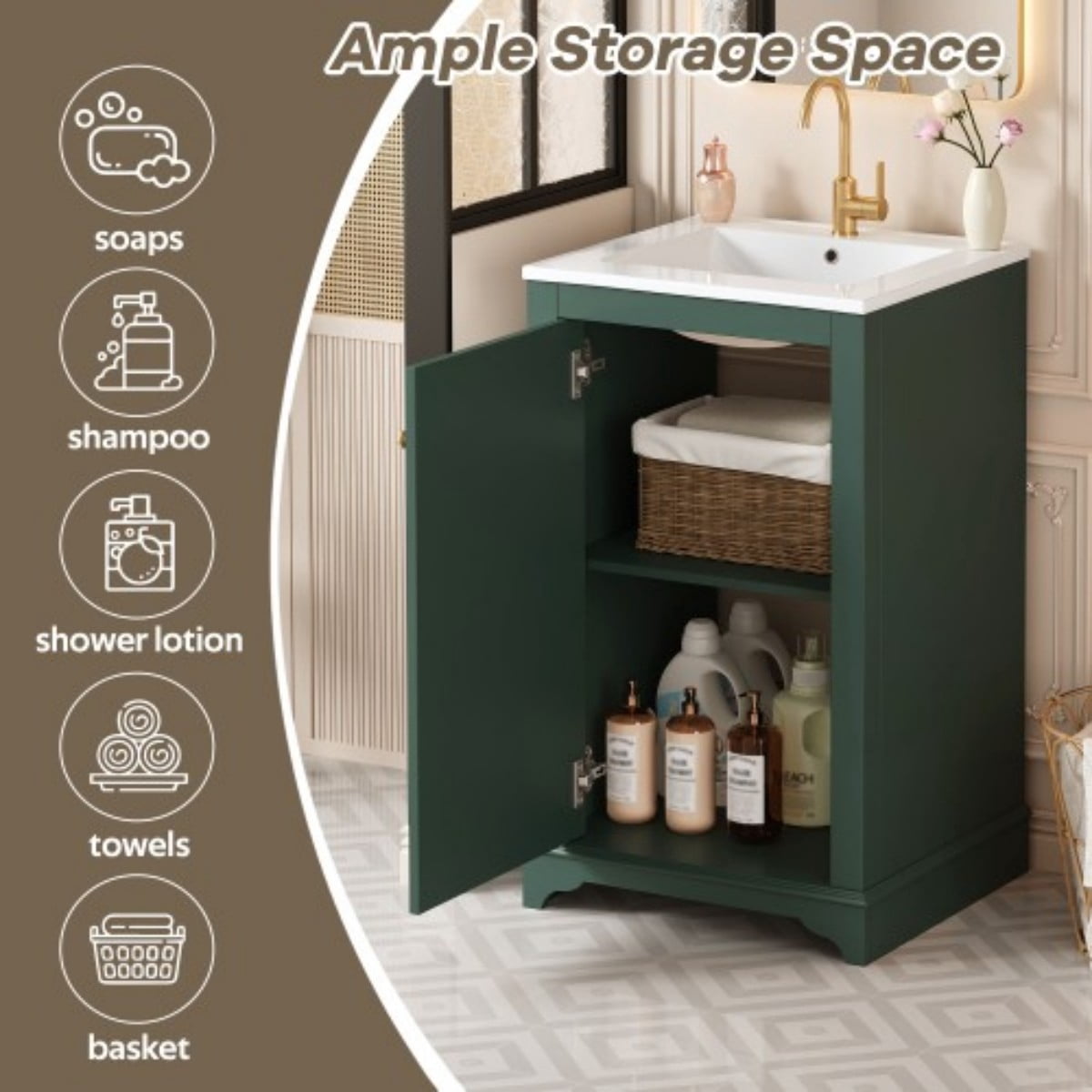 20" Bathroom Vanity with Ceramic Sink, Freestanding Bathroom Vanity Cabinet with Adjustable Shelf, Soft Close Door, Solid Wood Frame, Modern Green Vanity for Small Bathroom, Green