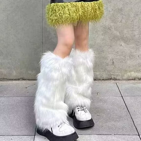 Opvise 1 Pair Winter Calf Covers Faux Fur Fuzzy Anti-slip Solid Color Elastic Thickened Daily Wear Sports Outing Leg Warmers Brown
