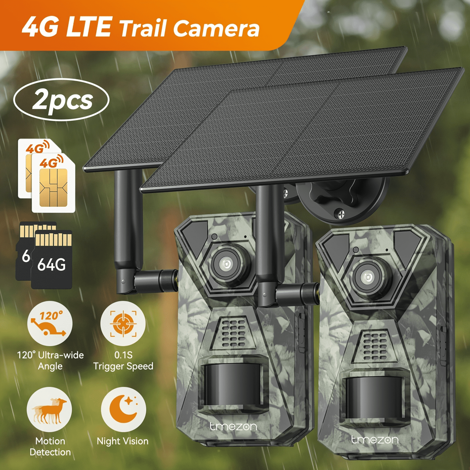 TMEZON 2 Pack 4G Solar-Powered LTE Cellular Trail Camera (With a SD Card And a SIM Card) Color Night Vision Two-Way Talk 1920P UHD 360°True Panoramic Vision SD Card/Cloud storage PIR Detection