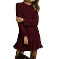 thumbnail image 3 of Robe Chandail en Tricot Torsadé pour Femmes, Col Ras du Cou, Manches Longues, Mini-Robe Plissée, Style Deux-en-un, Robe Patchwork, Rouge Vin, P, 3 of 7