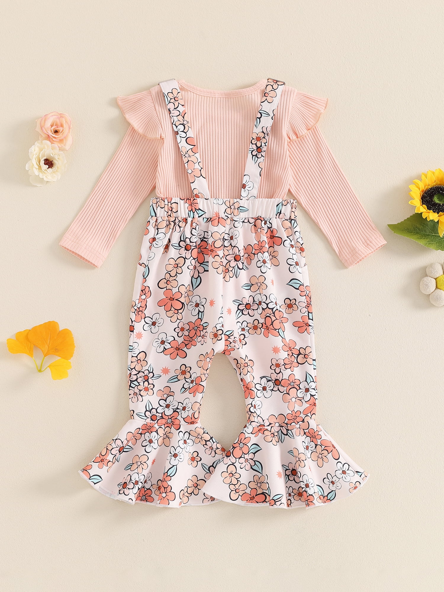 Hirigin Toddler Baby Girl Fall Clothes 1-5 Years Floral Print Overalls Suspender Flare Pants Long Sleeve Ruffle Knit Top 2Pcs Outfits Set