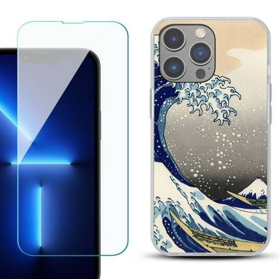 Slim-Fit Gel TPU Phone Case for iPhone 14 Pro Max, with Tempered Glass Screen Protector, by OneToughShield ® - Great Wave