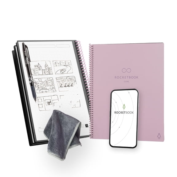 Rocketbook Core Reusable Smart Notebook, Executive 6" x 8.8", Pink, Dot Grid Pages, Cloud Connected Erasable Spiral Notebook