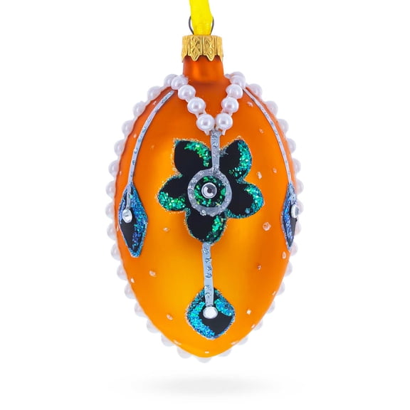 Italian Couturier Fine Jeweled Flower Necklace Glass Egg Christmas Ornament 4 Inches