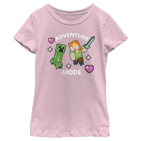 Girl's Minecraft Adventure Mode Alex and Creeper  Graphic Tee Light Pink X Small