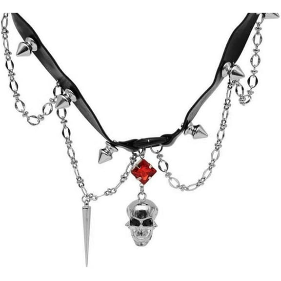 Gothic Skull Leather Choker Necklace Vintage Punk Adjustable Cubic Zirconia Collar with Rivet Spikes Tassel Unisex Y2K Chain Necklace for Halloween Nightclub Prom Costume
