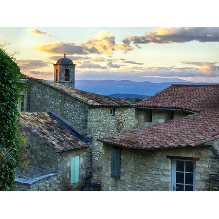 France, Provence, Lacoste, Church Bell Tower and City at Sunset Print Wall Art By Terry