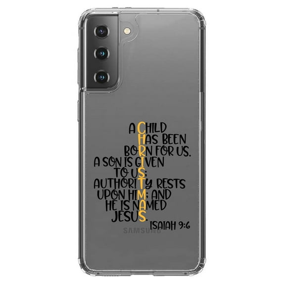 DistinctInk Clear Shockproof Hybrid Case for Galaxy S21 5G (6.2" Screen) - TPU Bumper Acrylic Back Tempered Glass Screen Protector - Christmas - Isaiah 9:6 - Black Yellow