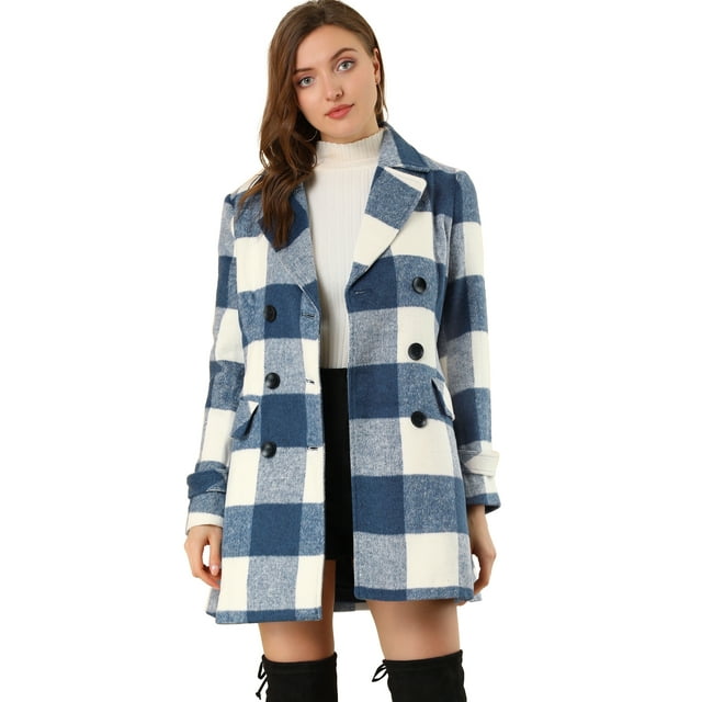 INSPIRE CHIC Women's Notched Lapel Double Breasted Plaids Overcoat
