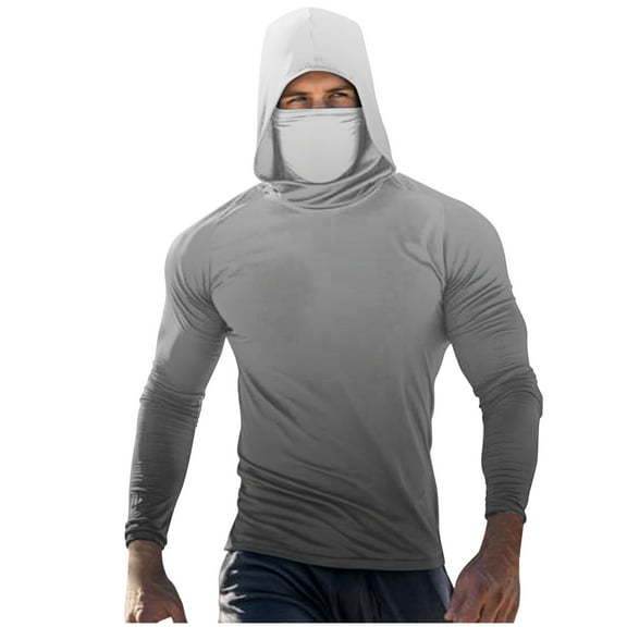 Dagegui Hooded Sun Shirt for Men UV Long Sleeve Hoodie with Built-In Face Mask Cooling Summer Fishing Shirts UPF 50  Outdoor Work Tops Dark Gray M