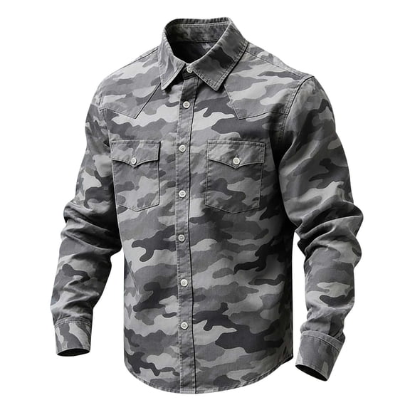 LEKWK Men's Camo Western Shirt Military Pattern Long Sleeve Button Down Top Cowboy Rodeo Style Hiking Outdoor Blouse