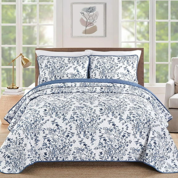 Quilt Full Size, Blue Quilt Bedding Set with 2 Pillowcases, Botanical Quilt for Full Bed, Soft Microfiber Lightweight Coverlet Bedspread for All Season (78"×90", 3 Pieces)