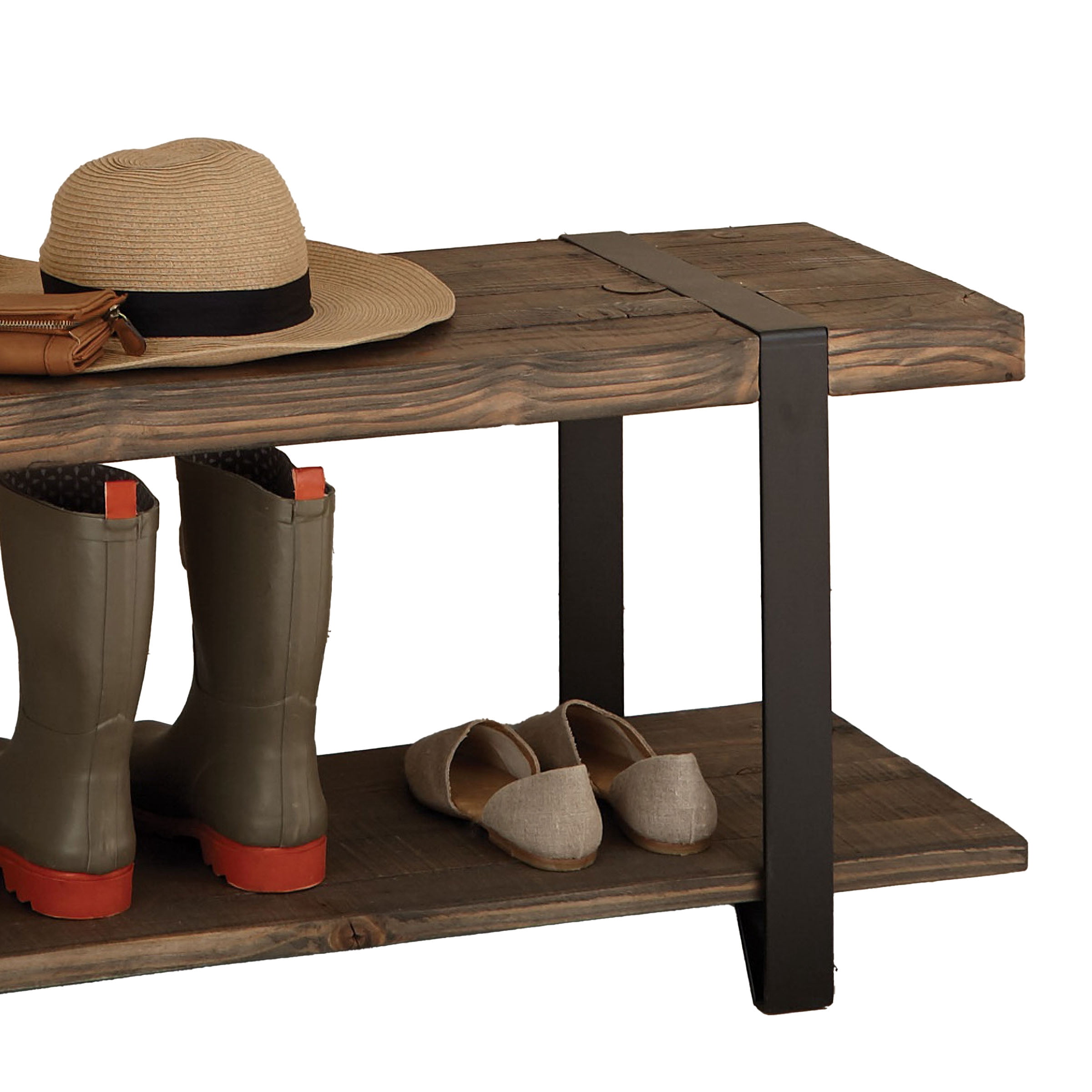 Alaterre Furniture Modesto 48" Solid Wood Entryway Bench with Storage Shelf, Rustic Natural Finish with Black Metal Legs and Strap Accent, Farmhouse Accent Bench for Entryway or Dining