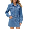 thumbnail image 3 of Busydd Women's Denim Dress Fashion Solid Color Button Fall Dresses Casual Lapel Long Sleeve Jean Mini Dress with Front Pockets XL, 3 of 8
