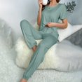 thumbnail image 2 of VISALY Womens Pajama Sets Matching Pajama Set Sleepwear Comfy Lounge Set Soft Short Sleeve Round Neck Top Loose Pajama Pants Long Jogger Bottom Green S, 2 of 7