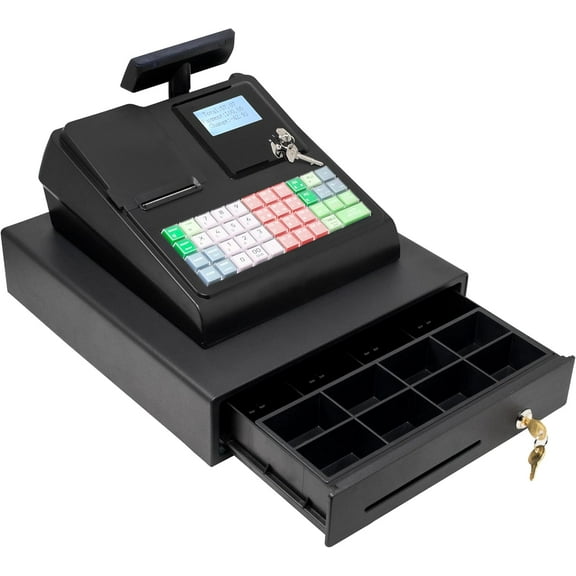 Cash Register for Small Businesses, 50 Dept 50 Clerks, 4000 Lookups Quick Load Thermal Printer, Steel Cash and Coin Drawer, Black