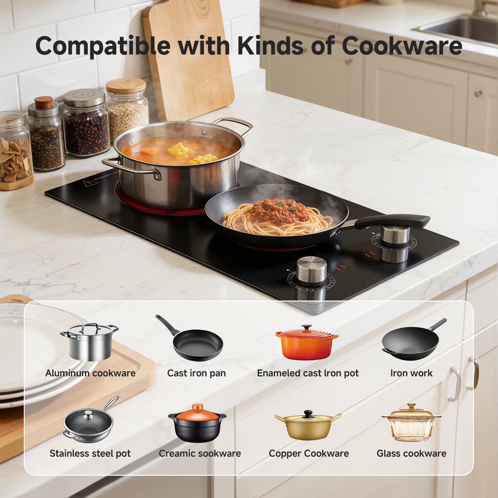 Sunmaki 2 Burner Electric Cooktop 1800W Portable Electric Stove with 11 Power Levels, Knob Control, 12 inch