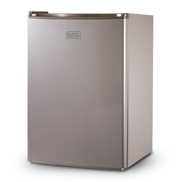 Black + Decker BCRK25V Compact Refrigerator Energy Star single door mini fridge with freezer, 2.5 cu.ft capacity, brushed metal finish grey, front 3/4 view showing smooth flat door with Black + Decker logo, compact square design fits under counters or desks, reversible door, adjustable temperature control, and quiet operation, also suitable for storing beverages or snacks in small living spaces.