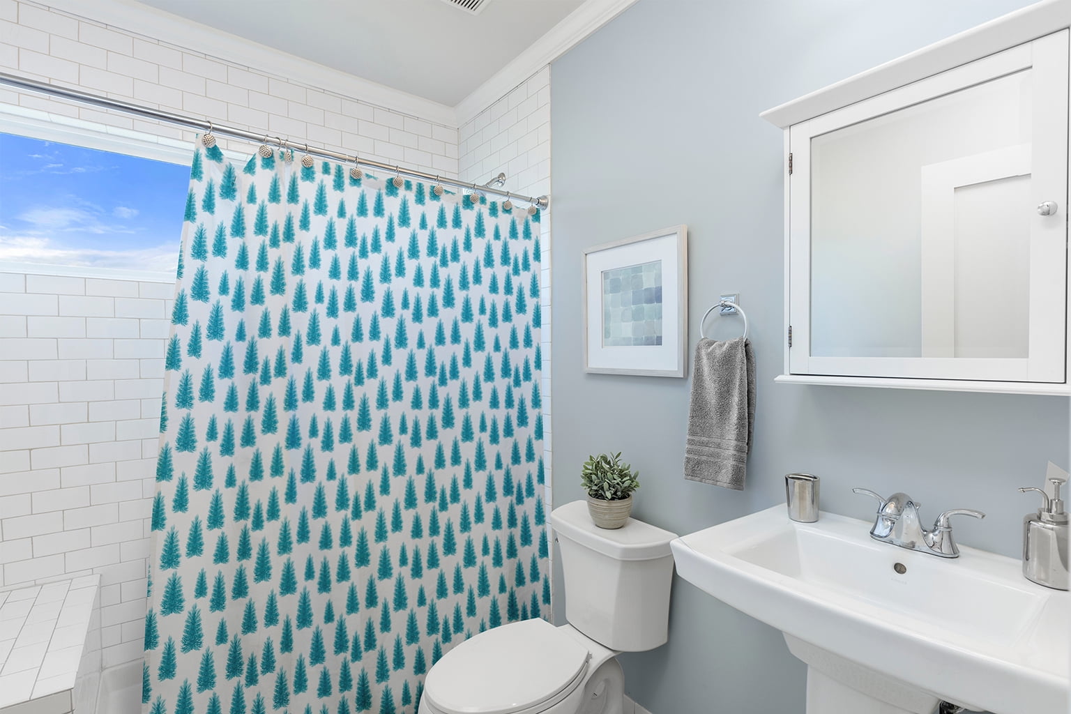 Simply Daisy 70" W x 73" L Christmas Trees Pattern Polyester Shower Curtain, Turquoise [1 Ct]