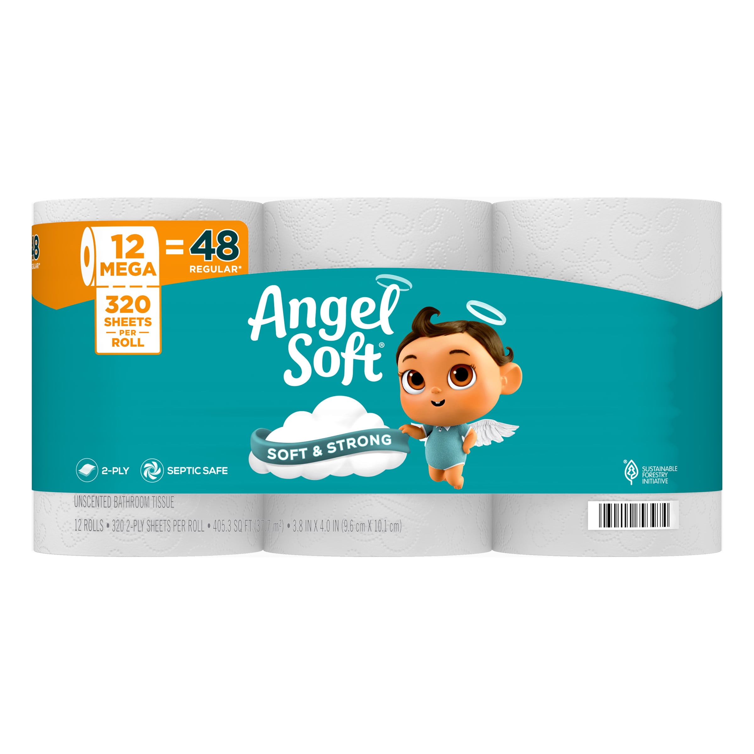 Angel Soft 2-Ply Toilet Paper, 12 Mega Rolls, 320 Sheets per Roll