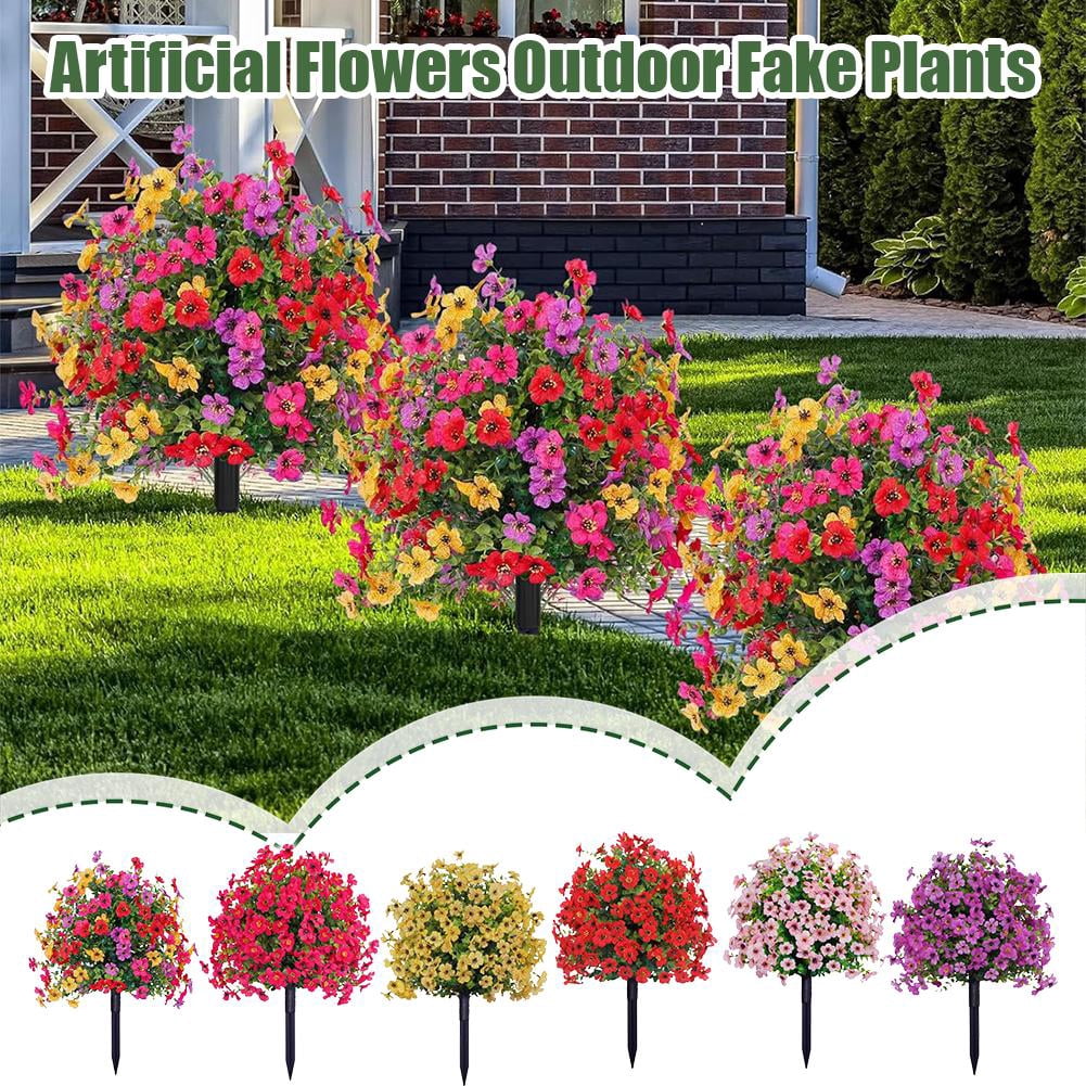 Artificial Flowers with Ground Spikes, Artificial Boxwood Topiary Ball Bush with Flowers for Outdoor, UV Resistant Faux Greenery Shrubs for Garden, Yard
