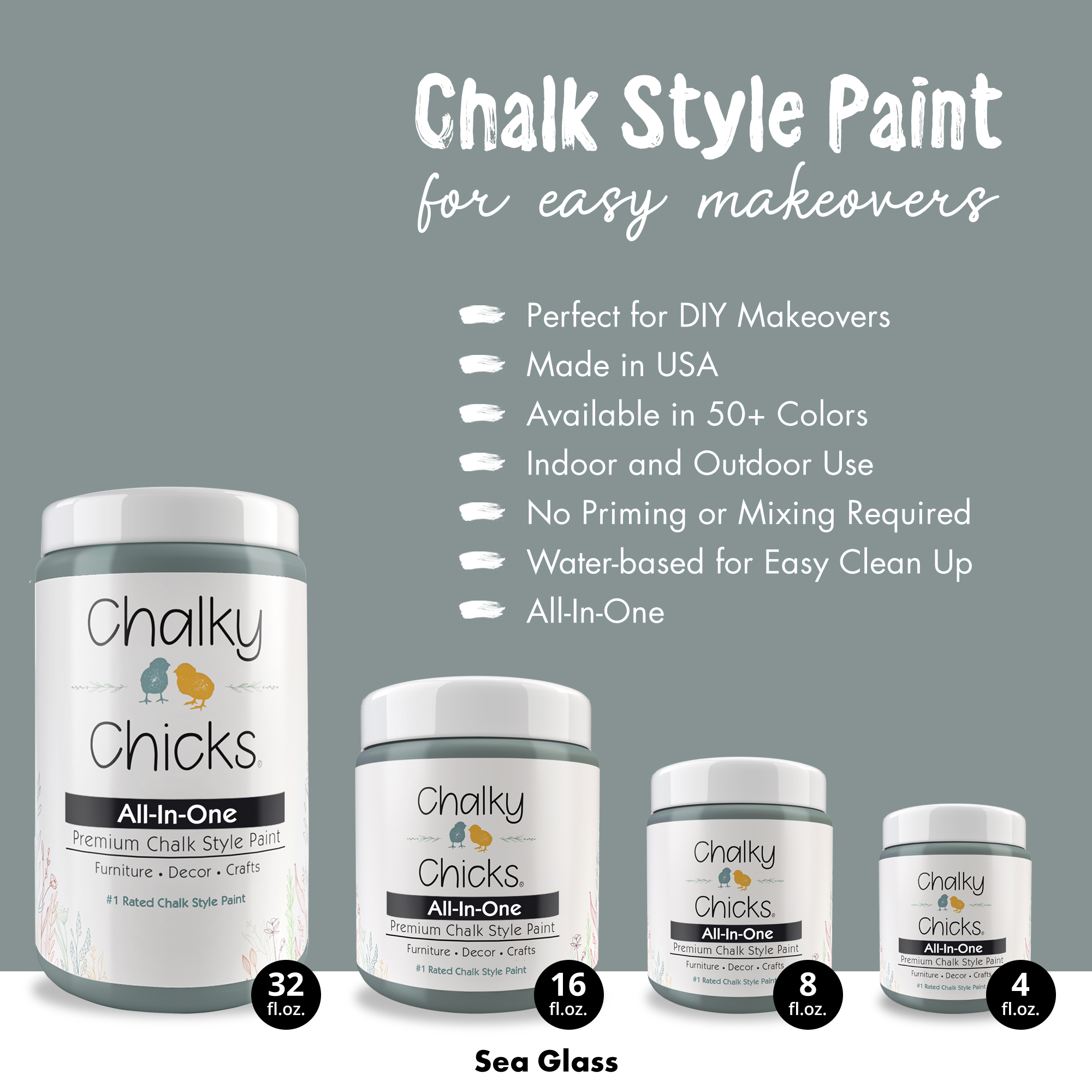 Chalky Chicks 8 Fl Oz Matte Sea Glass (Light Blue) Chalk Paint for Furniture Without Sanding, No Prep Furniture Paint No Sanding All in One for Crafts, Wood, Walls, Cabinet, Metal, Dresser, Farmhouse
