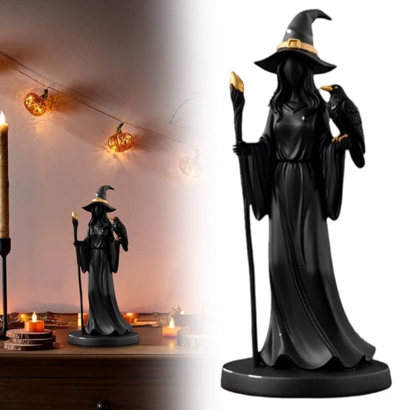 Witch Statue Halloween Decoration – Resin Witch Figurine, Retro Magician Decor, 2026 Dark Style Desktop Ornament for Table, Shelf or Festival Display
