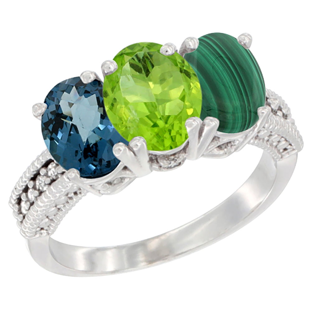 10K White Gold Natural London Blue Topaz, Peridot & Malachite Ring 3-Stone Oval 7x5 mm Diamond Accent, sizes 5 10 by WorldJewels