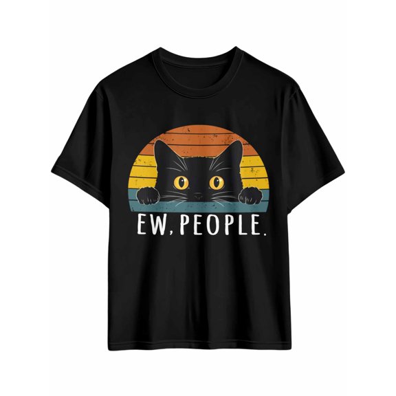 Men's T-Shirt Funny Cat Retro Ew People Short Sleeve Casual Tee Classic Crew Neck T-Shirt for Men, M