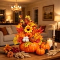 thumbnail image 6 of Artificial Sunflower and Pumpkin Table Decor, Realistic Faux Floral Pumpkin Ornament, Fall Desktop Centerpiece, Seasonal Autumn Home Dining Table Mantel Decoration, B, 6 of 7