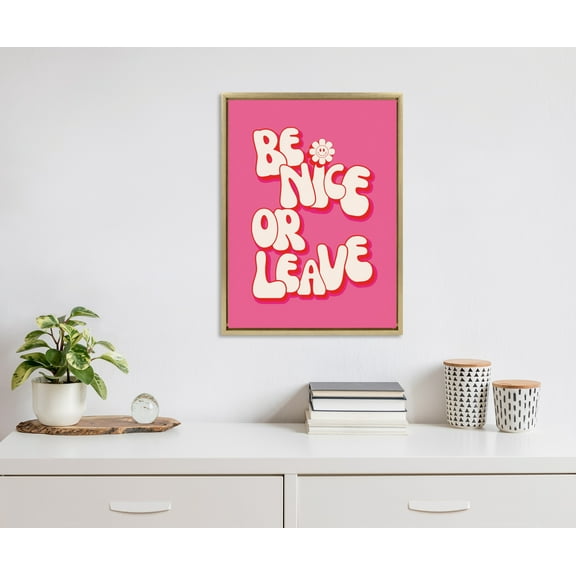 Kate and Laurel Sylvie Be Nice or Leave Framed Canvas Wall Art by Honey Island Studio, 18x24 Bright Gold, Bright Pink Quote Art for Wall