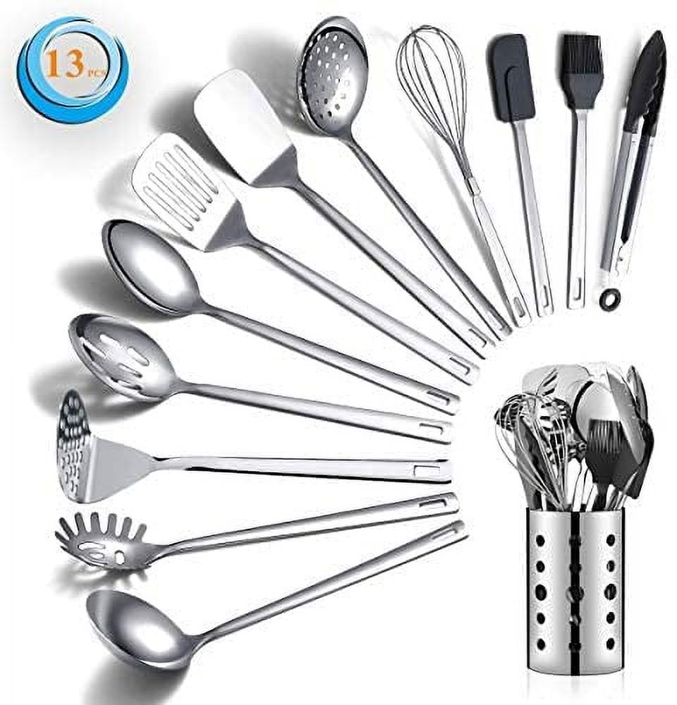 ReaNea 13 Pieces Shiny Stainless Steel Kitchen Utensils Set with Utensil Holder