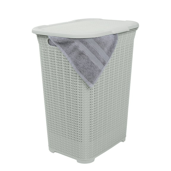 Superio Laundry Hamper with Lid White, 50 Liter White Smoke Large Knit Hamper Basket, Dirty Cloths Storage with Cutout Handles, for Landry Room, Bedroom, and Bathroom