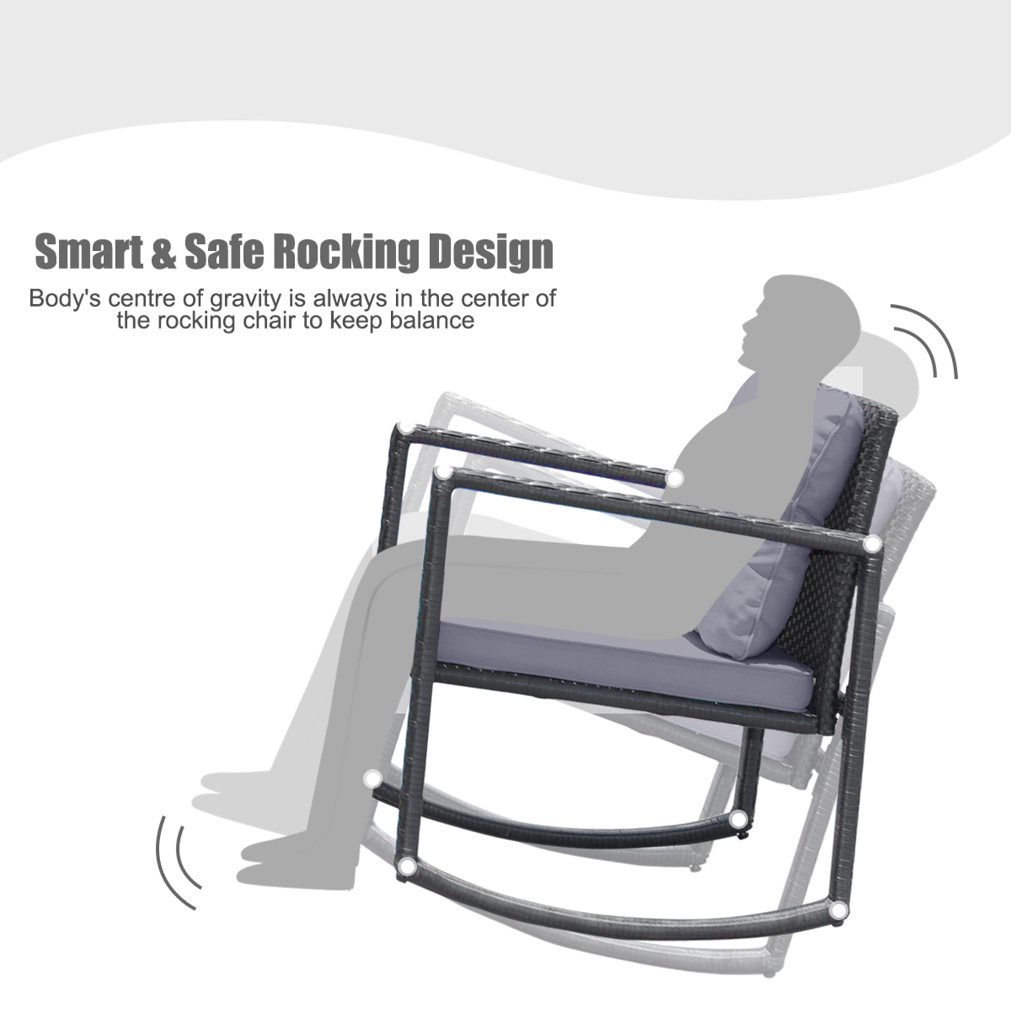 Gymax 3PCS Rattan Rocking Chair Table Set Patio Furniture Set w/ Grey Cushions